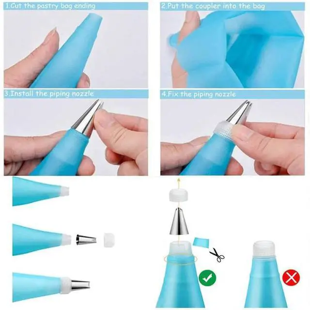 Alt view image 5 of 7 - Piping Bags and Tips Set 27 Piece, 24 Stainless Steel Nozzles with Reusable TPU Piping Bag, Coupler and Silicone Tie, Bag 11.81 x 6.69 in, for Cupcakes Cookies and Filling
