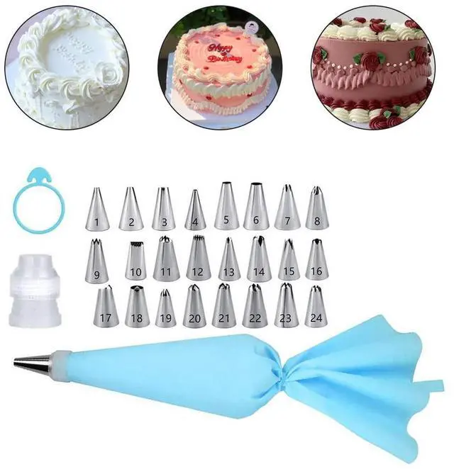 Alt view image 3 of 7 - Piping Bags and Tips Set 27 Piece, 24 Stainless Steel Nozzles with Reusable TPU Piping Bag, Coupler and Silicone Tie, Bag 11.81 x 6.69 in, for Cupcakes Cookies and Filling