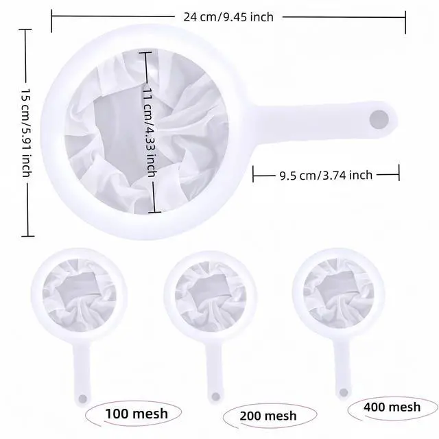 Alt view image 4 of 7 - High Density Ultra-Fine Nylon Mesh Strainer Set - 3 in 1 (100/200/400 Micron) -Nylon Mesh, 100/200/400 Mesh for Coffee, Honey, Wine,Milk, Juice - Food Grade w/Non-Slip Handle & Hang Hole