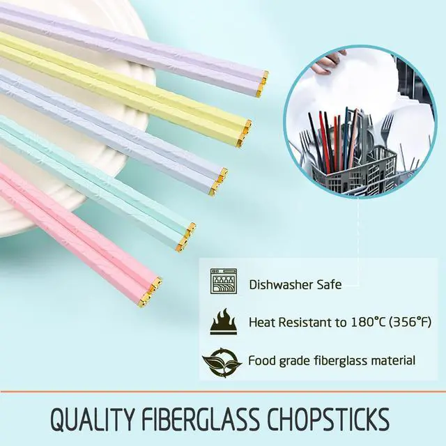 Alt view image 3 of 6 - 5 Pairs Reusable Fiberglass Chopsticks Dishwasher Safe, Japanese Style Chop Sticks Gift Sets, 9.4 Inch/24cm Matte Non-Slip