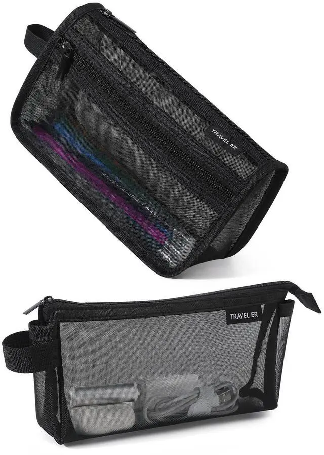 Main image of 2-Pack Clear Mesh Pencil Case Pouch with Handle (Black)