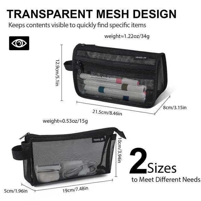 Alt view image 2 of 7 - 2-Pack Clear Mesh Pencil Case Pouch with Handle (Black)