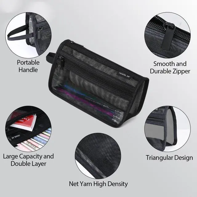 Alt view image 3 of 7 - 2-Pack Clear Mesh Pencil Case Pouch with Handle (Black)