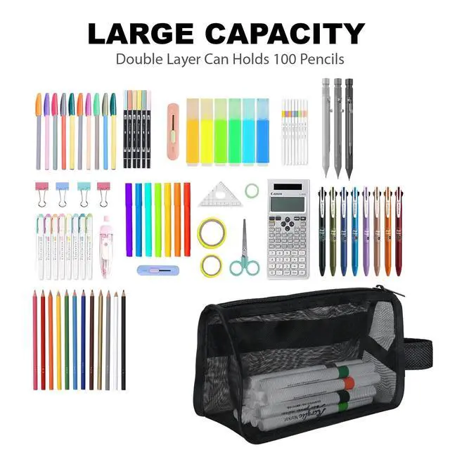 Alt view image 5 of 7 - 2-Pack Clear Mesh Pencil Case Pouch with Handle (Black)