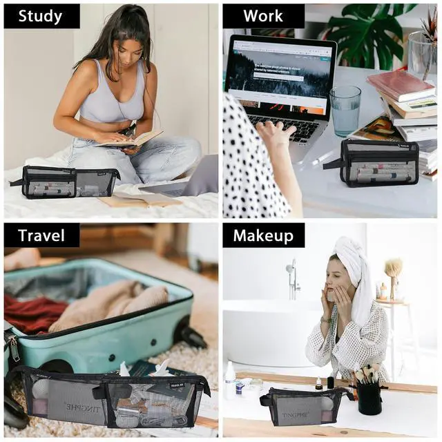 Alt view image 7 of 7 - 2-Pack Clear Mesh Pencil Case Pouch with Handle (Black)