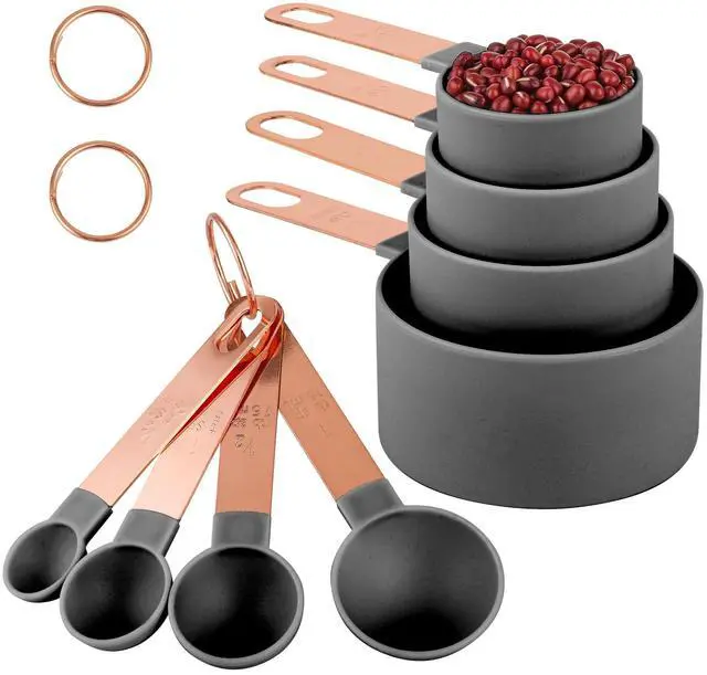Main image of 8-Piece Stackable Rose Gold Stainless Steel Handled Measuring Cups and Spoons for Measuring Dry and Liquid Ingredients (grey)