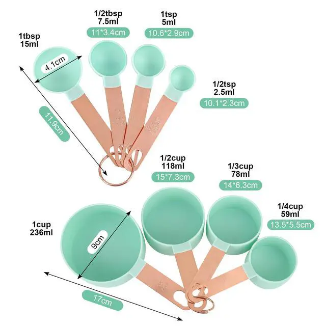 Alt view image 2 of 7 - 8-Piece Stackable Rose Gold Stainless Steel Handled Measuring Cups and Spoons for Measuring Dry and Liquid Ingredients (grey)