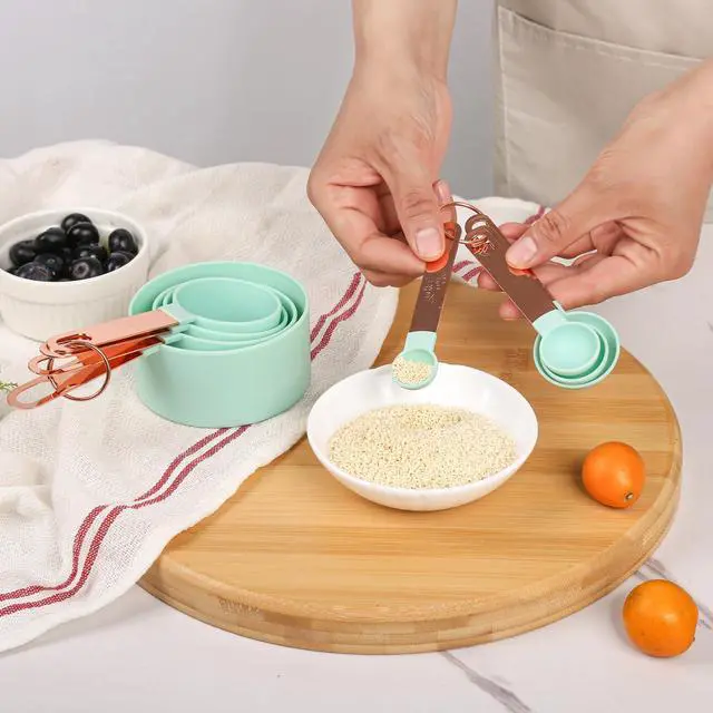 Alt view image 7 of 7 - 8-Piece Stackable Rose Gold Stainless Steel Handled Measuring Cups and Spoons for Measuring Dry and Liquid Ingredients (grey)