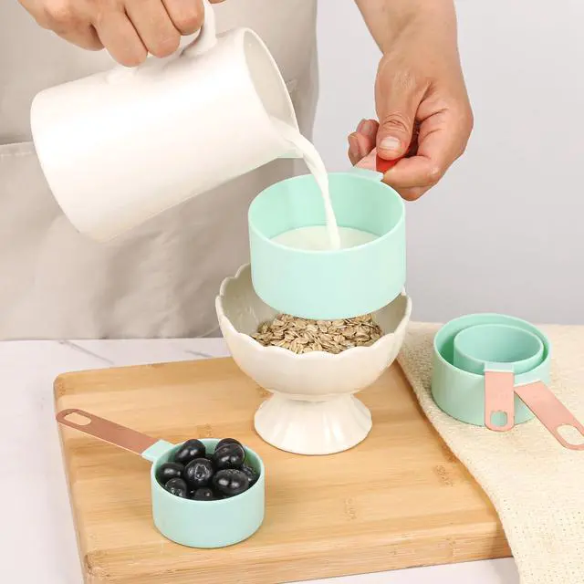 Alt view image 6 of 7 - 8-Piece Stackable Rose Gold Stainless Steel Handled Measuring Cups and Spoons for Measuring Dry and Liquid Ingredients (grey)