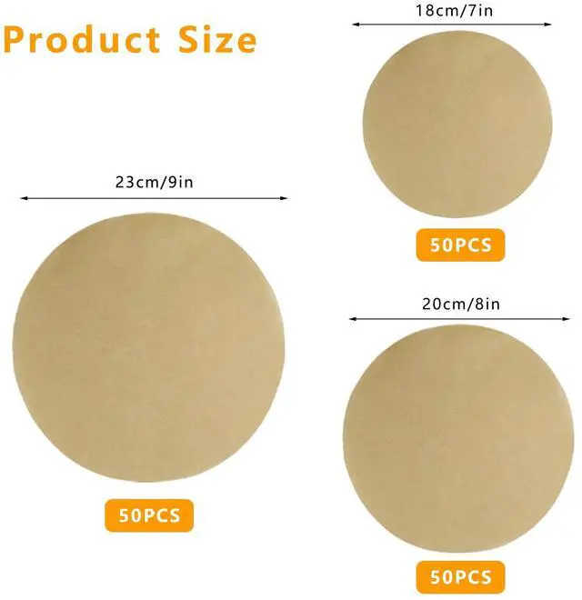 Alt view image 2 of 5 - 150 Pcs Round Baking Parchment Paper, 50 Each of 7", 8", 9", Unbleached Non-Stick Round Baking Sheets Precut Liners for Cake Pans Air Fryer Grilling Pizza Springform Pan