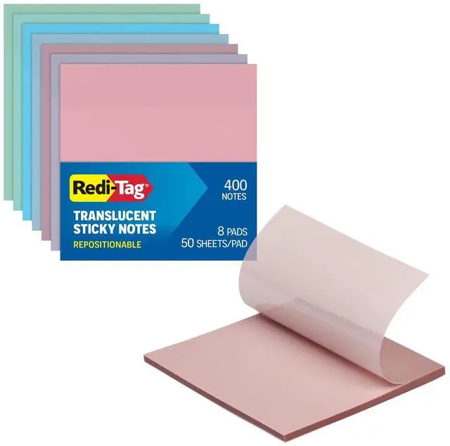 Main image of Translucent Sticky Notes, Transparent Self-Stick Notes, 3" x 3", Pastel Colors, 8 Pads, 50 Notes Per Pad, 400 Sheets (1006595)
