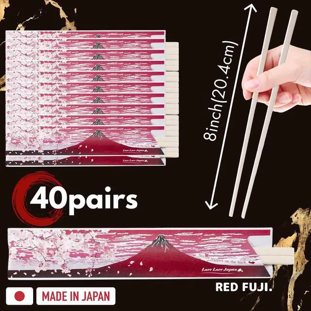 Alt view image 2 of 6 - 40 Pairs Disposable Chopsticks with Japan Hokusai Designed Origami Paper Rest, Individually Wrapped Chopsticks for Asian Japanese Dishes, Sushi Ramen (Red Fuji)
