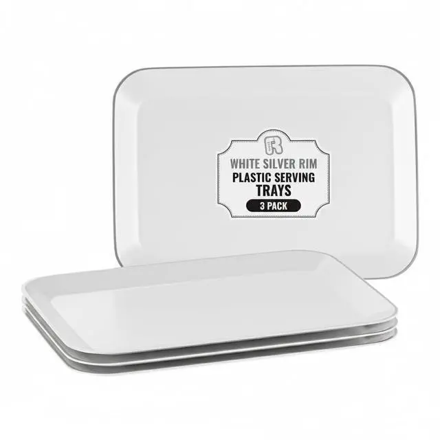 Main image of 3 Pack Silver Plastic Serving Trays for Party - Silver Rim Serving Tray 8 x 11 Inch - Heavy Duty Dessert Trays for Food - Rectangular Party Serving Trays for Entertaining