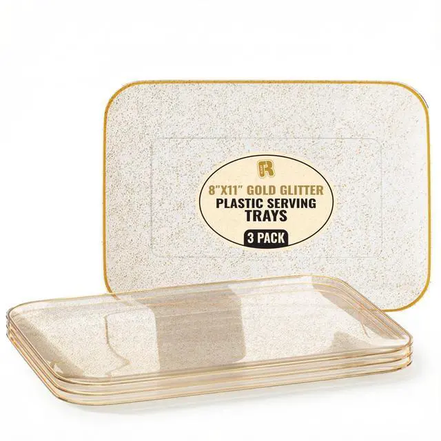 Main image of 3 Pack Gold Glitter Plastic Serving Trays for Party - Gold Glittered Serving Tray 8 x 11 Inch - Heavy Duty Dessert Trays for Food - Rectangular Party Serving Trays for Entertaining