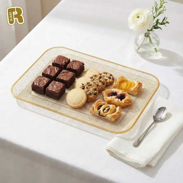 Alt view image 3 of 5 - 3 Pack Gold Glitter Plastic Serving Trays for Party - Gold Glittered Serving Tray 8 x 11 Inch - Heavy Duty Dessert Trays for Food - Rectangular Party Serving Trays for Entertaining