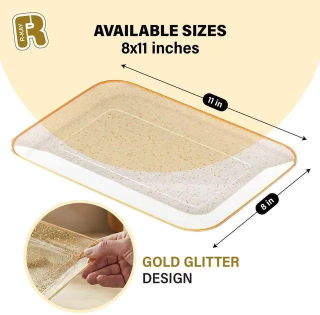 Alt view image 5 of 5 - 3 Pack Gold Glitter Plastic Serving Trays for Party - Gold Glittered Serving Tray 8 x 11 Inch - Heavy Duty Dessert Trays for Food - Rectangular Party Serving Trays for Entertaining