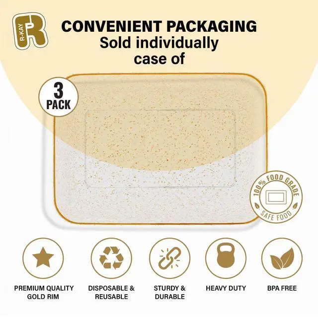 Alt view image 4 of 5 - 3 Pack Gold Glitter Plastic Serving Trays for Party - Gold Glittered Serving Tray 8 x 11 Inch - Heavy Duty Dessert Trays for Food - Rectangular Party Serving Trays for Entertaining