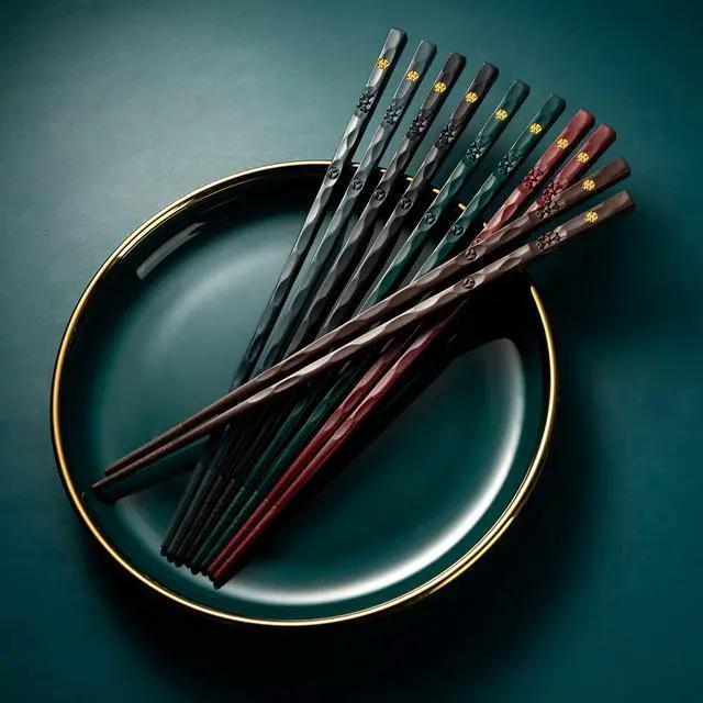 Alt view image 4 of 7 - 5 Pairs Fiberglass Multicolor Dark Color Chopsticks Reusable Non-Slip Lightweight Chinese Japanese Korean Chopsticks Dishwasher Safe, 9.6 Inch long