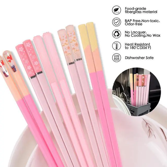Alt view image 4 of 7 - Chopsticks Reusable Dishwasher Safe, GLAMFIELDS 5 Pairs 9.5 Inches Premium Chop Sticks Set for Sushi, Ramen, Asian Cuisine, Matte Non-slip with Gift Case, Pink
