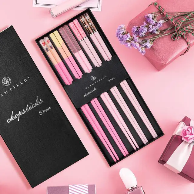 Alt view image 7 of 7 - Chopsticks Reusable Dishwasher Safe, GLAMFIELDS 5 Pairs 9.5 Inches Premium Chop Sticks Set for Sushi, Ramen, Asian Cuisine, Matte Non-slip with Gift Case, Pink
