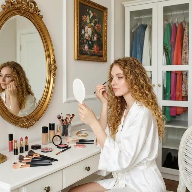 Alt view image 4 of 7 - Round Hand Held Mirror with Handle, White Handheld Makeup Mirror