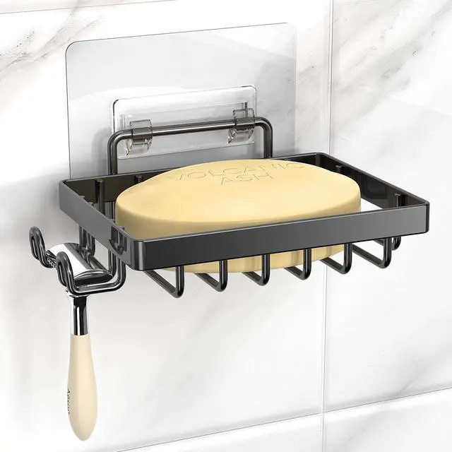 Alt view image 2 of 7 - Black Soap Dish, Soap Bar Holder for Shower, No Drilling Bathroom Accessories, Wall Mounted Soap Holder with Hooks, Shower Rack Tray Bar for Suitable for Bathroom, Kitchen Sink
