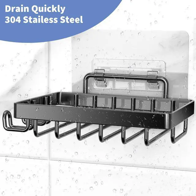 Alt view image 4 of 7 - Black Soap Dish, Soap Bar Holder for Shower, No Drilling Bathroom Accessories, Wall Mounted Soap Holder with Hooks, Shower Rack Tray Bar for Suitable for Bathroom, Kitchen Sink