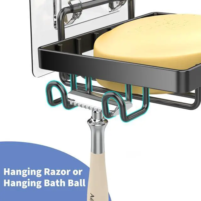 Alt view image 3 of 7 - Black Soap Dish, Soap Bar Holder for Shower, No Drilling Bathroom Accessories, Wall Mounted Soap Holder with Hooks, Shower Rack Tray Bar for Suitable for Bathroom, Kitchen Sink