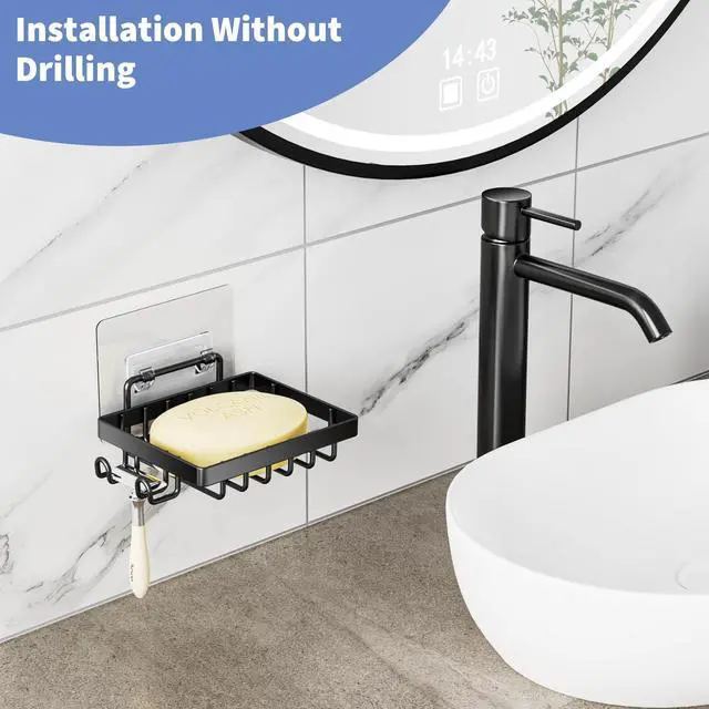 Alt view image 5 of 7 - Black Soap Dish, Soap Bar Holder for Shower, No Drilling Bathroom Accessories, Wall Mounted Soap Holder with Hooks, Shower Rack Tray Bar for Suitable for Bathroom, Kitchen Sink