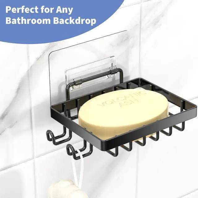 Alt view image 6 of 7 - Black Soap Dish, Soap Bar Holder for Shower, No Drilling Bathroom Accessories, Wall Mounted Soap Holder with Hooks, Shower Rack Tray Bar for Suitable for Bathroom, Kitchen Sink