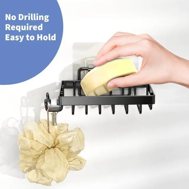 Alt view image 7 of 7 - Black Soap Dish, Soap Bar Holder for Shower, No Drilling Bathroom Accessories, Wall Mounted Soap Holder with Hooks, Shower Rack Tray Bar for Suitable for Bathroom, Kitchen Sink