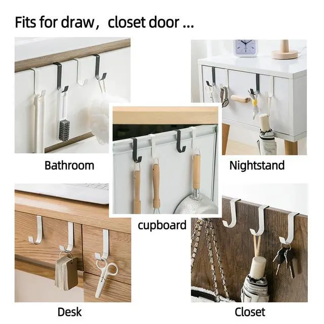 Alt view image 4 of 7 - Over Cabinet Door Hooks, 4 Pack Heavy Duty Metal J-Hooks for Kitchen, Bathroom, Laundry Room, Cabinet Hooks for Hanging, Hold Up to 7 lbs, Space-Saving Organizer - White
