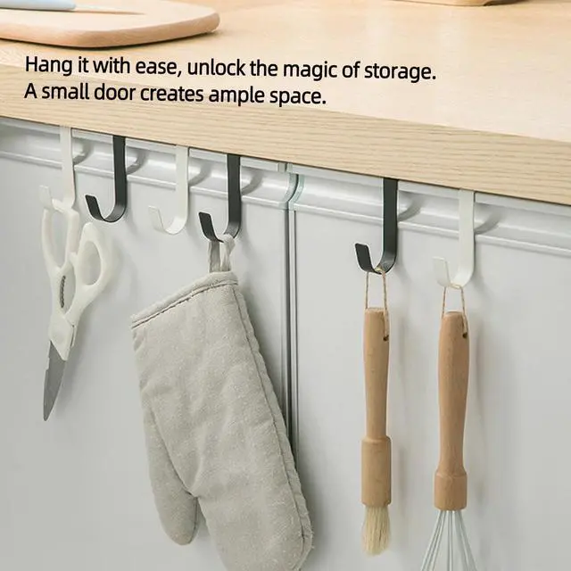 Alt view image 7 of 7 - Over Cabinet Door Hooks, 4 Pack Heavy Duty Metal J-Hooks for Kitchen, Bathroom, Laundry Room, Cabinet Hooks for Hanging, Hold Up to 7 lbs, Space-Saving Organizer - White