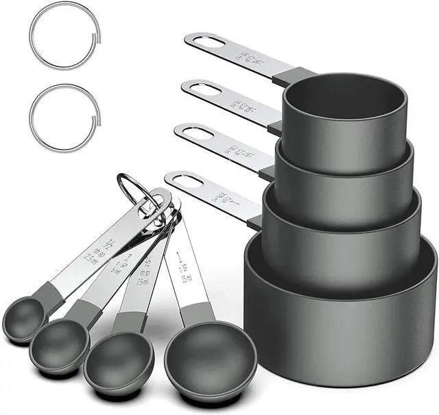 Main image of 8 Pcs Measuring Cups and Spoons Set, Stackable Black Measuring Spoons for Measuring Dry and Liquid Ingredients Small Teaspoon with Plastic Head,Black