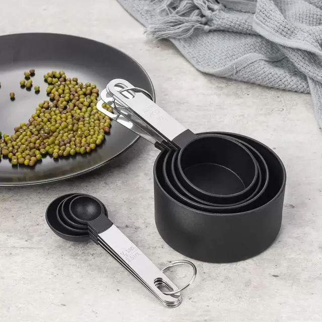 Alt view image 2 of 6 - 8 Pcs Measuring Cups and Spoons Set, Stackable Black Measuring Spoons for Measuring Dry and Liquid Ingredients Small Teaspoon with Plastic Head,Black