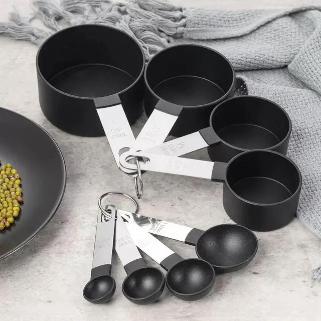 Alt view image 3 of 6 - 8 Pcs Measuring Cups and Spoons Set, Stackable Black Measuring Spoons for Measuring Dry and Liquid Ingredients Small Teaspoon with Plastic Head,Black