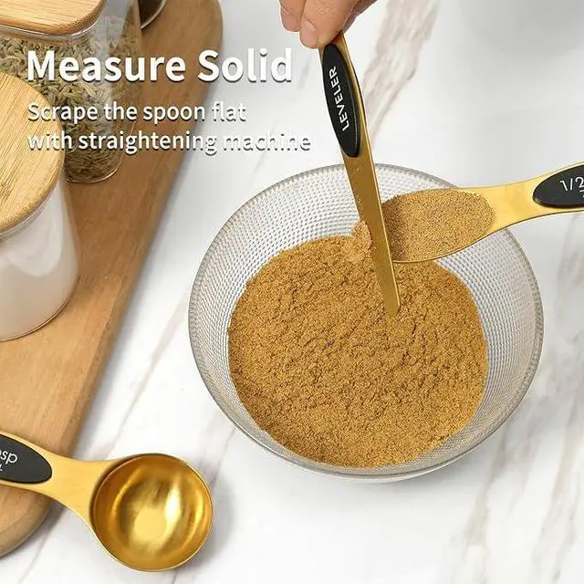Alt view image 4 of 5 - Gold Magnetic Measuring Spoons Set of 8 Stainless Steel Stackable Dual-Sided Spoons with Leveler, Fits Spice Jars, Baking & Cooking Kitchen Tools