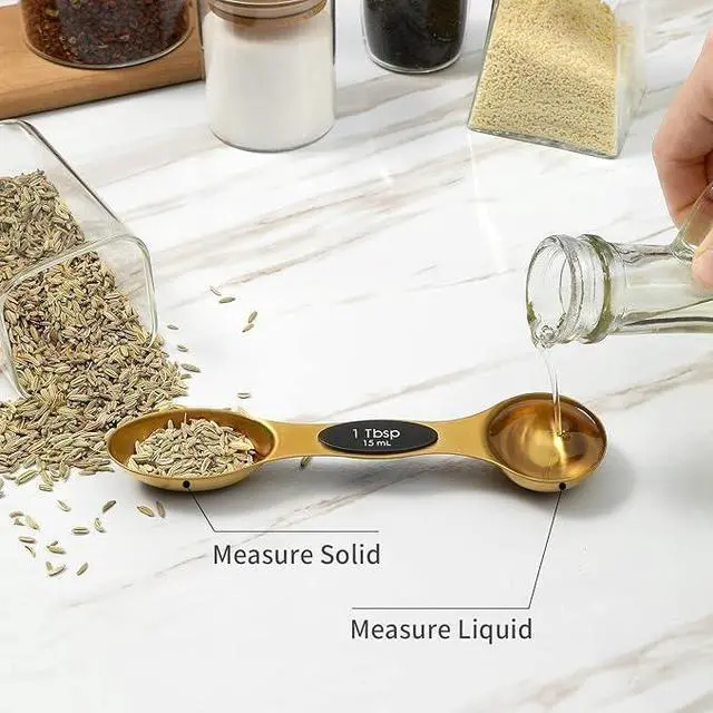Alt view image 5 of 5 - Gold Magnetic Measuring Spoons Set of 8 Stainless Steel Stackable Dual-Sided Spoons with Leveler, Fits Spice Jars, Baking & Cooking Kitchen Tools