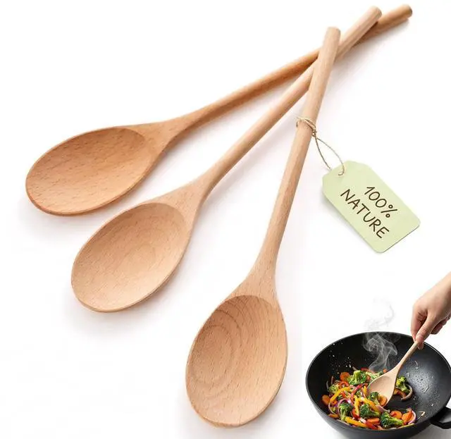 Main image of 10 Inch Wooden Spoons for Cooking, 3PCS European Beech Wood Mixing Spoons, Heat Resistant, Non-Scratch for Nonstick Pans & Soup Pots, Ideal for Home Kitchen Stirring, Serving & Baking