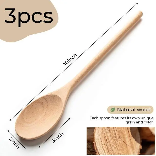 Alt view image 7 of 7 - 10 Inch Wooden Spoons for Cooking, 3PCS European Beech Wood Mixing Spoons, Heat Resistant, Non-Scratch for Nonstick Pans & Soup Pots, Ideal for Home Kitchen Stirring, Serving & Baking