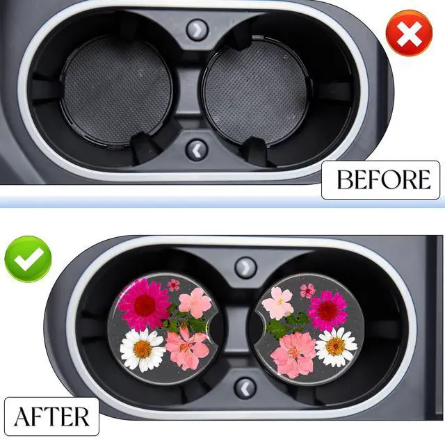 Alt view image 6 of 6 - Flower Car Cup Holder Coasters for Women - 2.75 Inch Cute Resin Clear Automotive Drink Cupholder Insert Car Accessories 2 Pack Pink