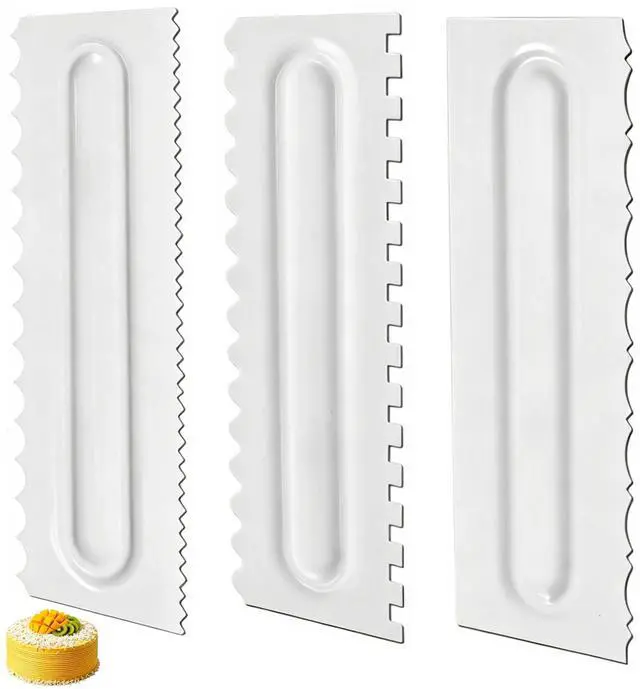 Main image of 3 Pcs Cake Scraper Smoother 9 Inch Plastic Cream Decorating Comb Sided Patterned Edge Stripe DIY Tools for Icing Mousse Butter Frosting Baking Projects White