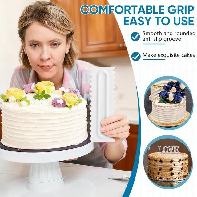 Alt view image 5 of 7 - 3 Pcs Cake Scraper Smoother 9 Inch Plastic Cream Decorating Comb Sided Patterned Edge Stripe DIY Tools for Icing Mousse Butter Frosting Baking Projects White