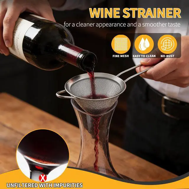Alt view image 2 of 7 - Wine Strainer for Sediment, Fine Mesh Strainer for Kitchen, Made of 304 Stainless Steel, for Smoother Taste, No-Rust, Cone Shape with Rest and Long Handle, Ideal for Wine Decanter, Silver