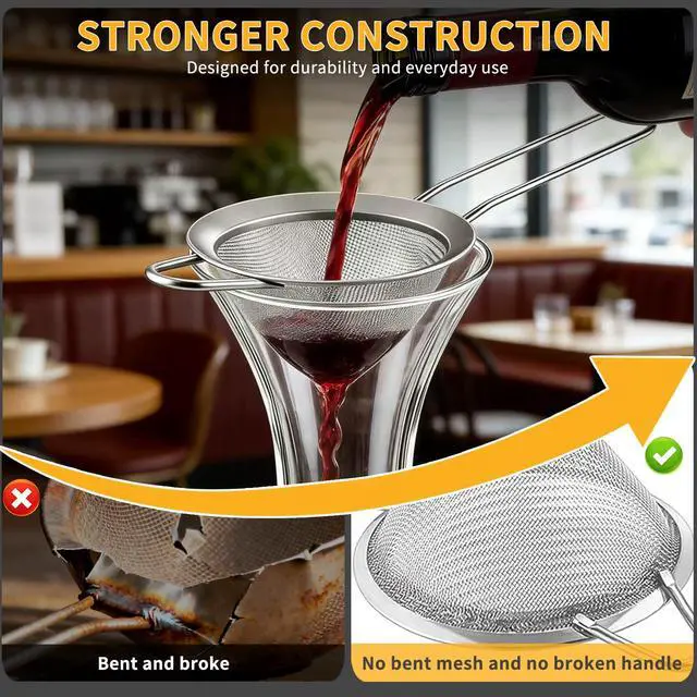 Alt view image 4 of 7 - Wine Strainer for Sediment, Fine Mesh Strainer for Kitchen, Made of 304 Stainless Steel, for Smoother Taste, No-Rust, Cone Shape with Rest and Long Handle, Ideal for Wine Decanter, Silver