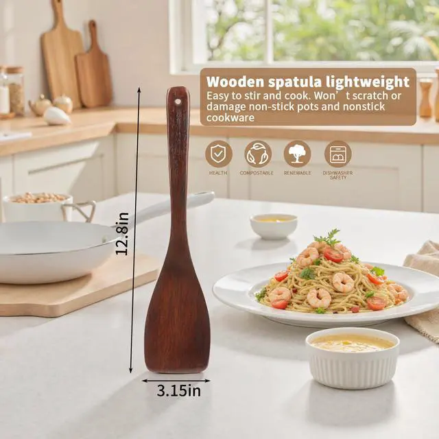 Alt view image 2 of 7 - Wooden Spatula for Cooking, Long Handle Flat Spatulas for Frying Pan, Left and Right Hand Wood Turner for Cooking Kitchen Utensils