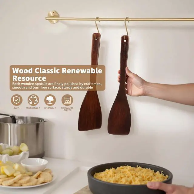 Alt view image 6 of 7 - Wooden Spatula for Cooking, Long Handle Flat Spatulas for Frying Pan, Left and Right Hand Wood Turner for Cooking Kitchen Utensils