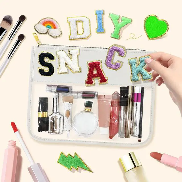 Alt view image 3 of 7 - Nylon Makeup Bag DIY Chenille Letter Clear Travel Zipper Pouch, Preppy Makeup Bag Clear Cosmetic Bag, Water-proof Makeup Travel Pouch Snack Bags for Women (White)