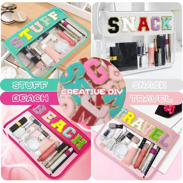 Alt view image 7 of 7 - Nylon Makeup Bag DIY Chenille Letter Clear Travel Zipper Pouch, Preppy Makeup Bag Clear Cosmetic Bag, Water-proof Makeup Travel Pouch Snack Bags for Women (White)