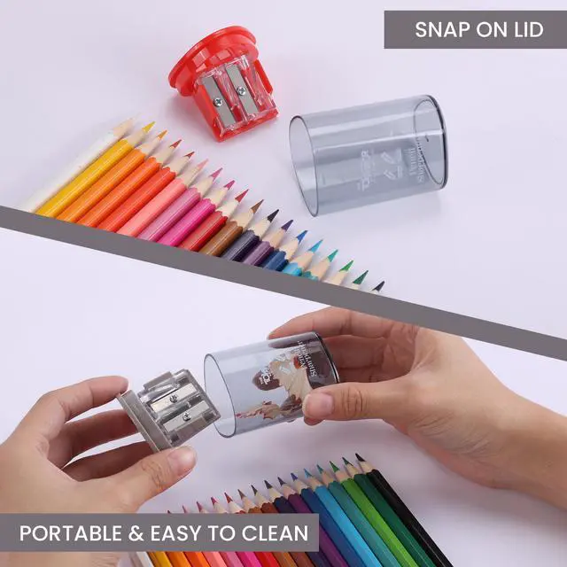 Alt view image 5 of 7 - Manual Pencil Sharpener - 2 Pcs Dual Hole Premium Quality Pencil Sharpeners for Standard & Large Sized Pencils - Handheld Pencil Sharpener for Kids, Adults, Artists, (Red & Gray)